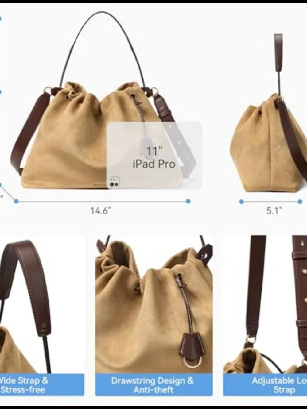 Slouchy Hobo Bag Drawstring Crossbody Shoulder Purse Faux Suede Vegan Leather